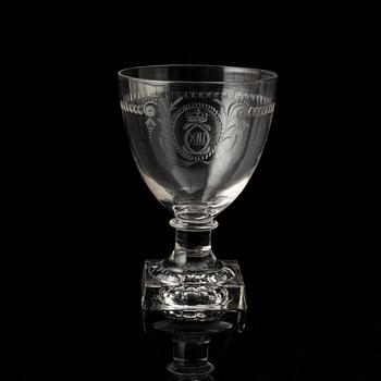 A wine glass engraved with Swedish king Carl XIII:s crowned monogram. Prob. Reimyre, prob. engraved by Ander Spolander.