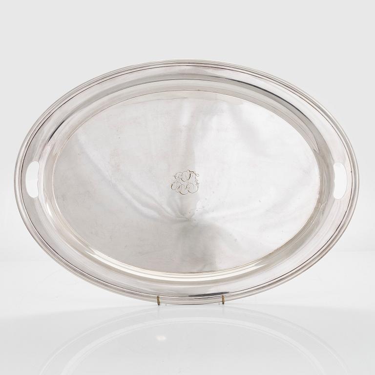 Kaffe- och teservis, 5 delar, silver, på försilvrad bricka, USA, sannolikt 1930-tal.