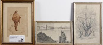 ERDTMAN, ELIAS, 4 st, teckningar o etsning, sign. Flera dat Godesberg 1884.