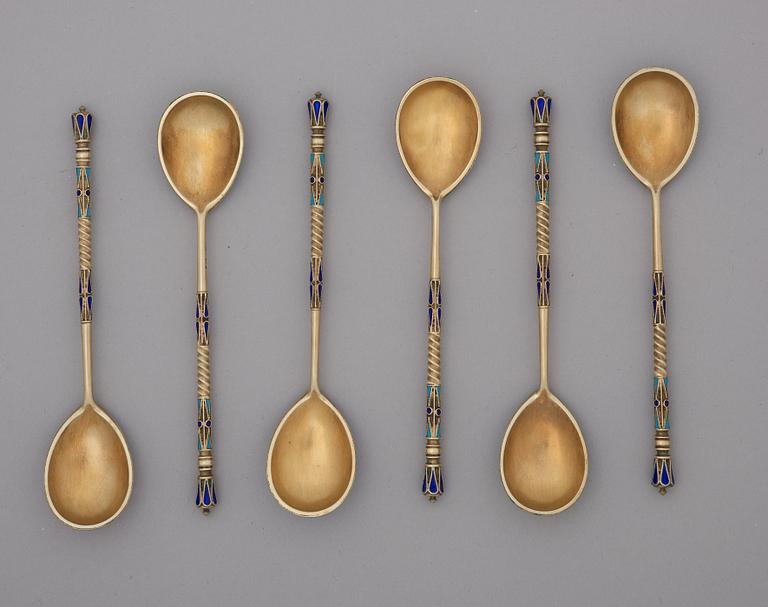 A set of six Russian silver-gilt and cloisonné tea-spoons, mark of Sasikow probably, Moscow 1899-1908.