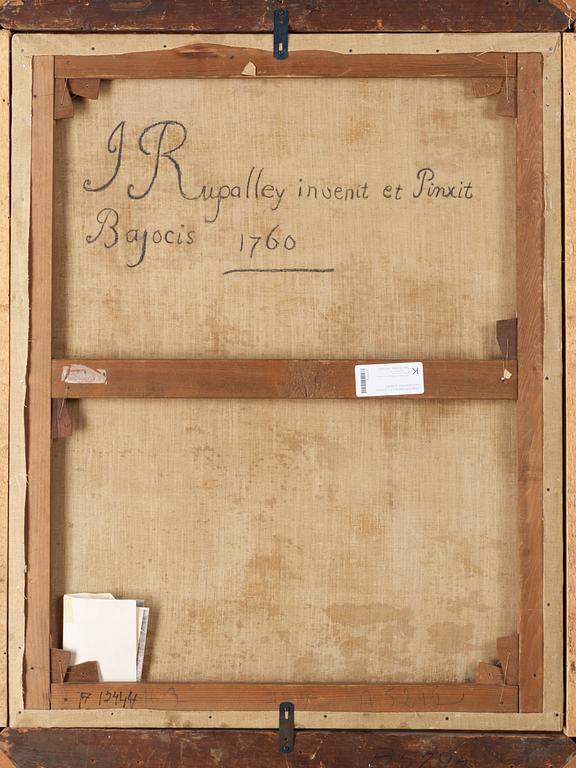 Joachim Rupalley, Porträtt av adelsdam stående vid ett konsolbord hållandes vita och blå blommor i sin högra hand, tre-kvarts längd.