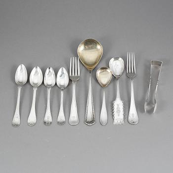 PARTI BESTICK, silver samt nysilver, 1700-1900-tal. Silvervikt ca 327 gram.