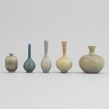 Berndt Friberg, a set of five stoneware miniature vases, Gustavsbergs studio, 1950's.