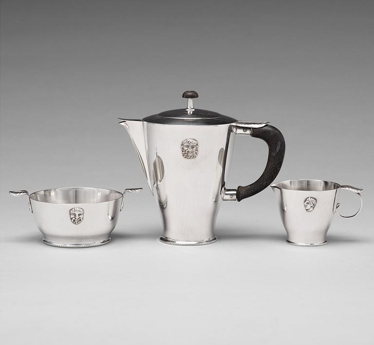 Wolter Gahn, kaffeservis, tre delar, nysilver, Swedish Grace, Karl Wojtech, Stockholm 1920-tal.