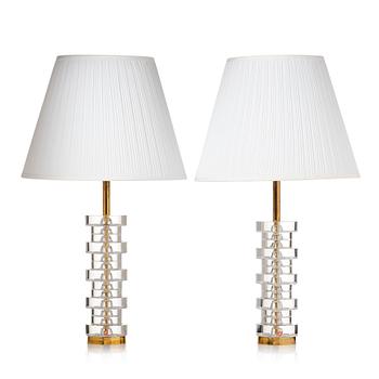 60. Carl Fagerlund, two glass and brass table lamps, model "RD 1986", Orrefors Sweden, 1960-70s.