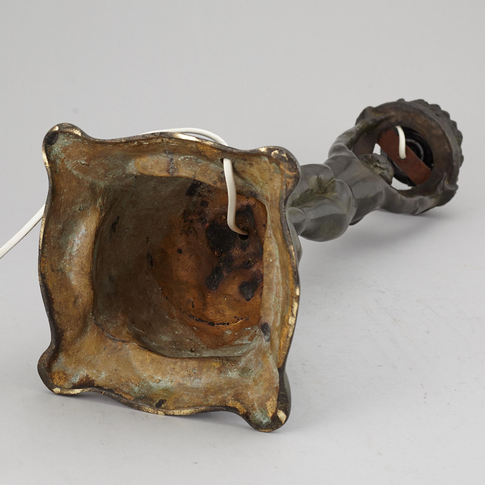 GERDA SPRINCHORN, an Art Nouveau green patinated bronze lamp "The Sun", Herman Bergman, Stockholm, early 20th century.