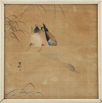 Different artists, two colour woodblock prints, one print on silk, Japan, 20th century.