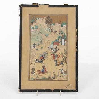 Manuskriptsidor/målningar, tre stycken, Persien/Iran, sen Qajardynasti / 1900-talets första del.