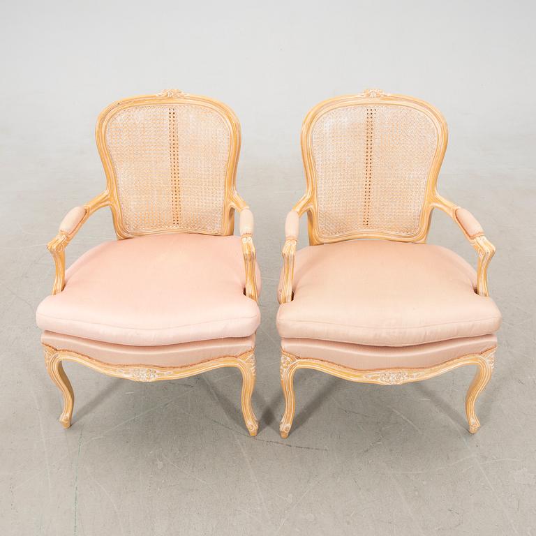 Armchairs, a pair, Rococo style, late 20th century.