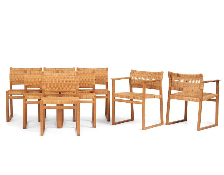 Børge Mogensen, a set of six oak and rattan 'BM61' chairs and a pair of BM62, Fredericia, Denmark, 1950s.