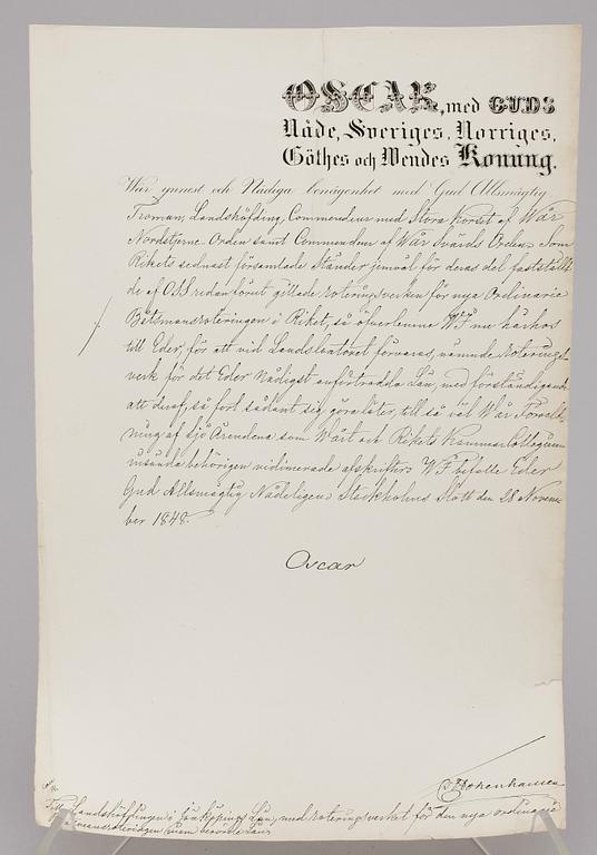 DOKUMENT MED KUNGLIG AUTOGRAF, Konung Oscar I av Sverige, dat Stockholms Slott 28 nov 1848.