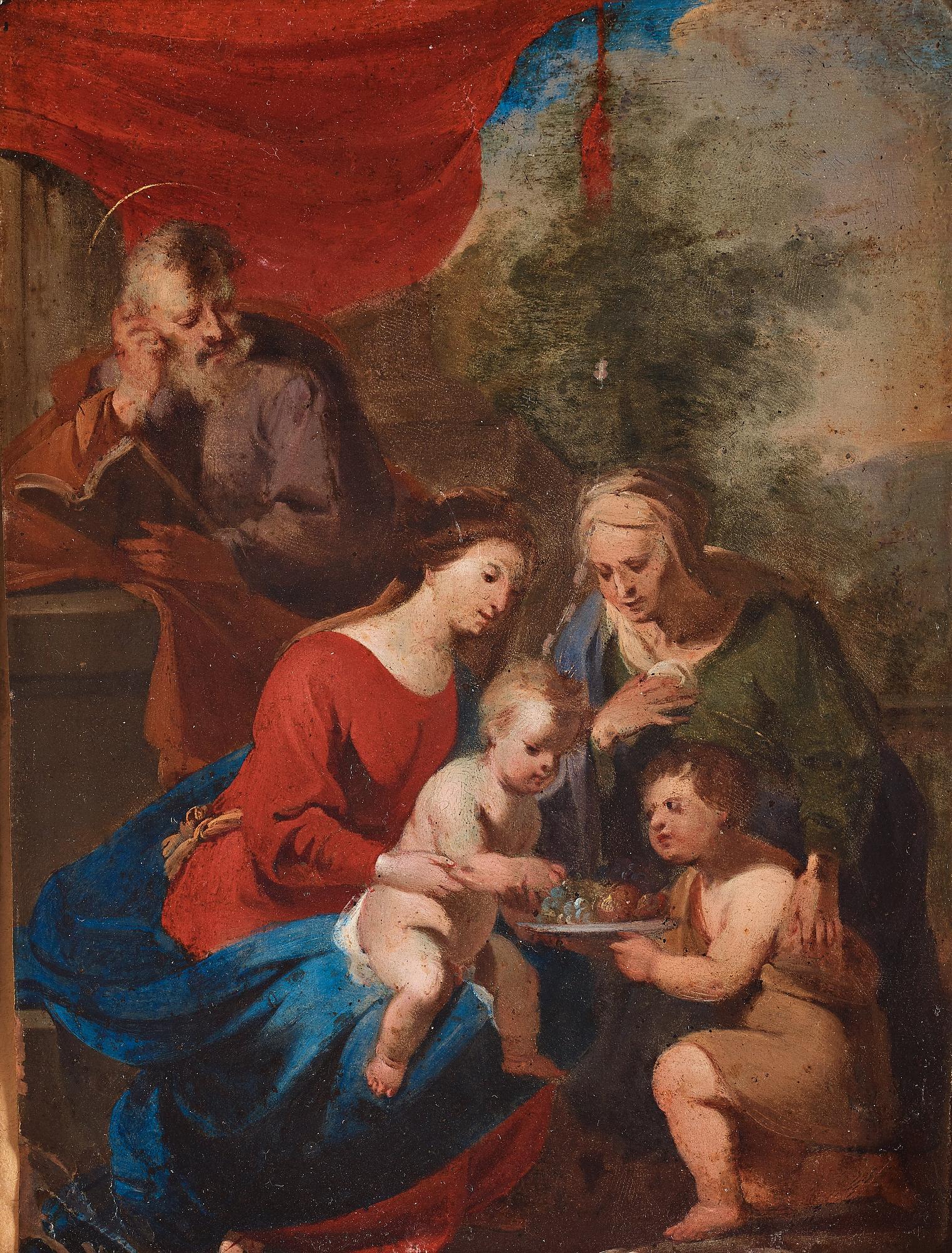 FLAMLÄNDSK SKOLA, 1600-TAL. Jungfru Maria med Jesusbarnet, Johannes Döparen, Elisabet och Sakarias.