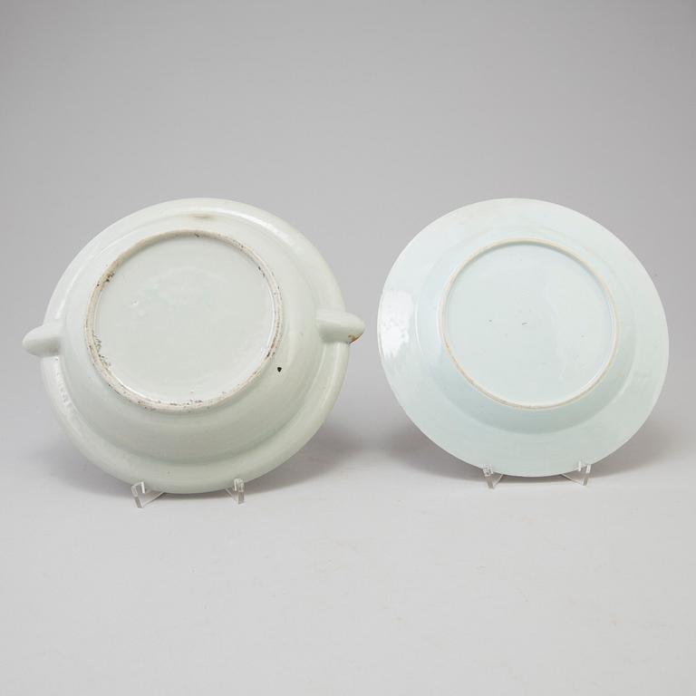 Three chinese famille rose dishes and one hot water dish, 18th and 19th century.