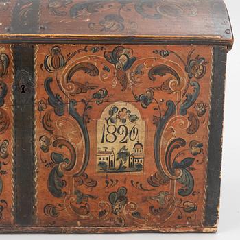 A wooden Dalecarlian chest, Sweden, dated 1820.