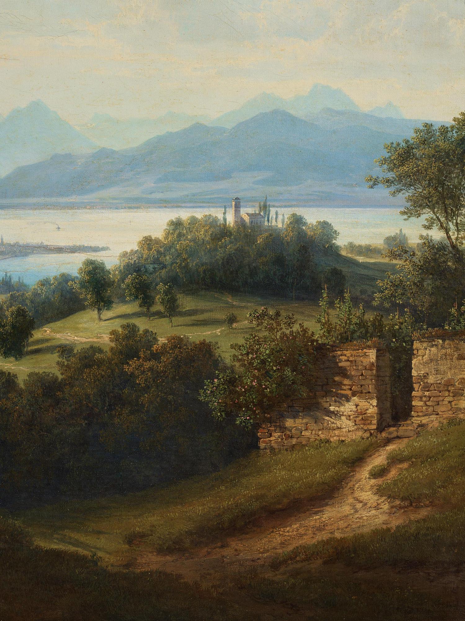 Alplandskap med sjö och slott.