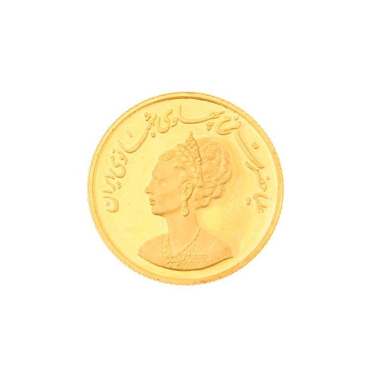 GULDMYNT, Farah Pahlavi (f. Diba). MENY och EP-skiva, Persépolis 14.10.1971. Guldmyntets vikt 4 g.