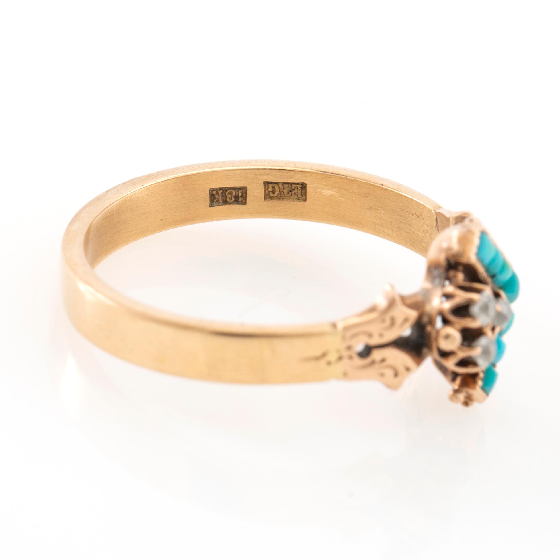 Ring in 18K gold with turquoises and old-cut diamonds.