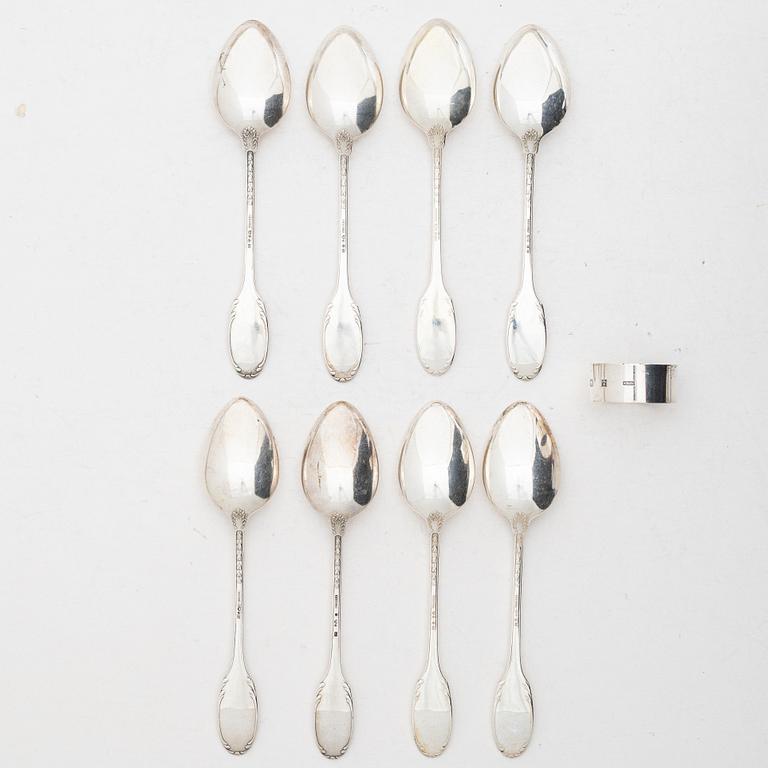 Table spoons, 8 pcs, and a napkin ring, silver, including WA Bolin, Stockholm.
