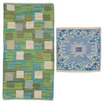 205. Barbro Nilsson, textiles, 2 pcs., one is "Nejlikan blå", tapestry weave, one is flat weave, both signed BN.