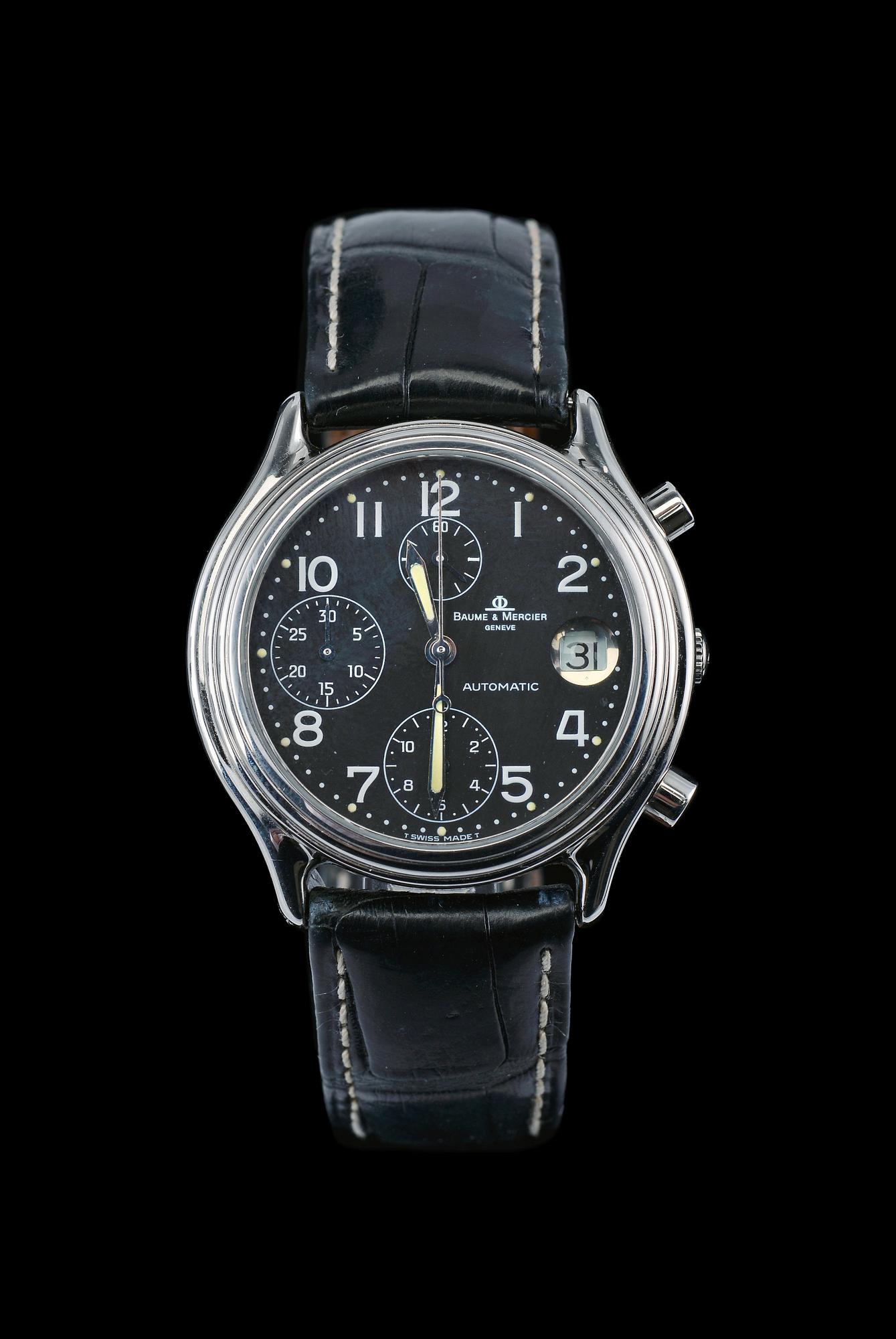 MIESTEN RANNEKELLO, Baume & Merciers chronograph ref. MV040122 Nr 2929224. Alkuperäinen nahkahihna taittolukolla.