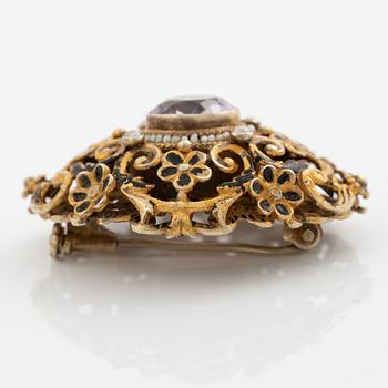 Brooch, gilded silver with amethyst and seed pearls.
