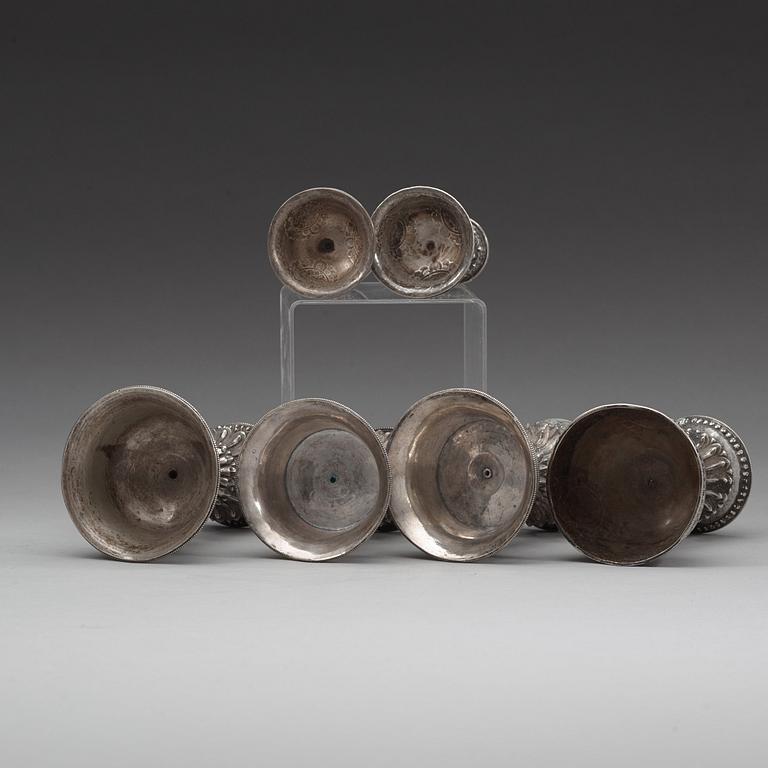 A group of six Tibetan silver/silvered Butter lamps, 19th Century.