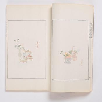 A book, four volumes, numerously illustrated with woodcuts in colours, "Shi zhu zhai jian pu" by Hu Zhengyan.