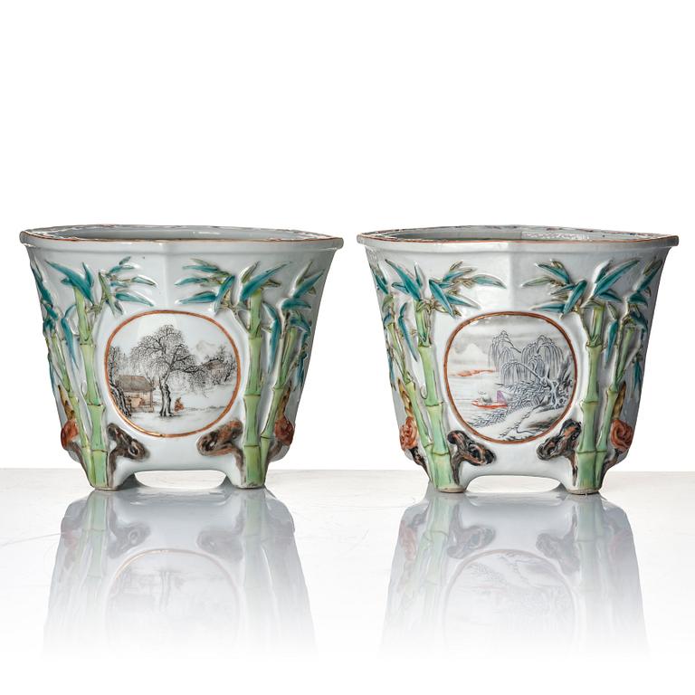 A pair of Chinese famille rose flower pots, 20th Century.