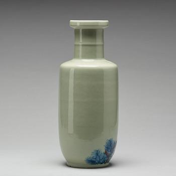 A Chinese celadon ground 'roleau' vase, Republic period, with Kangxi mark.