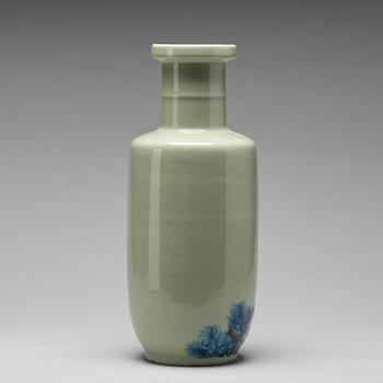 A Chinese celadon ground 'roleau' vase, Republic period, with Kangxi mark.