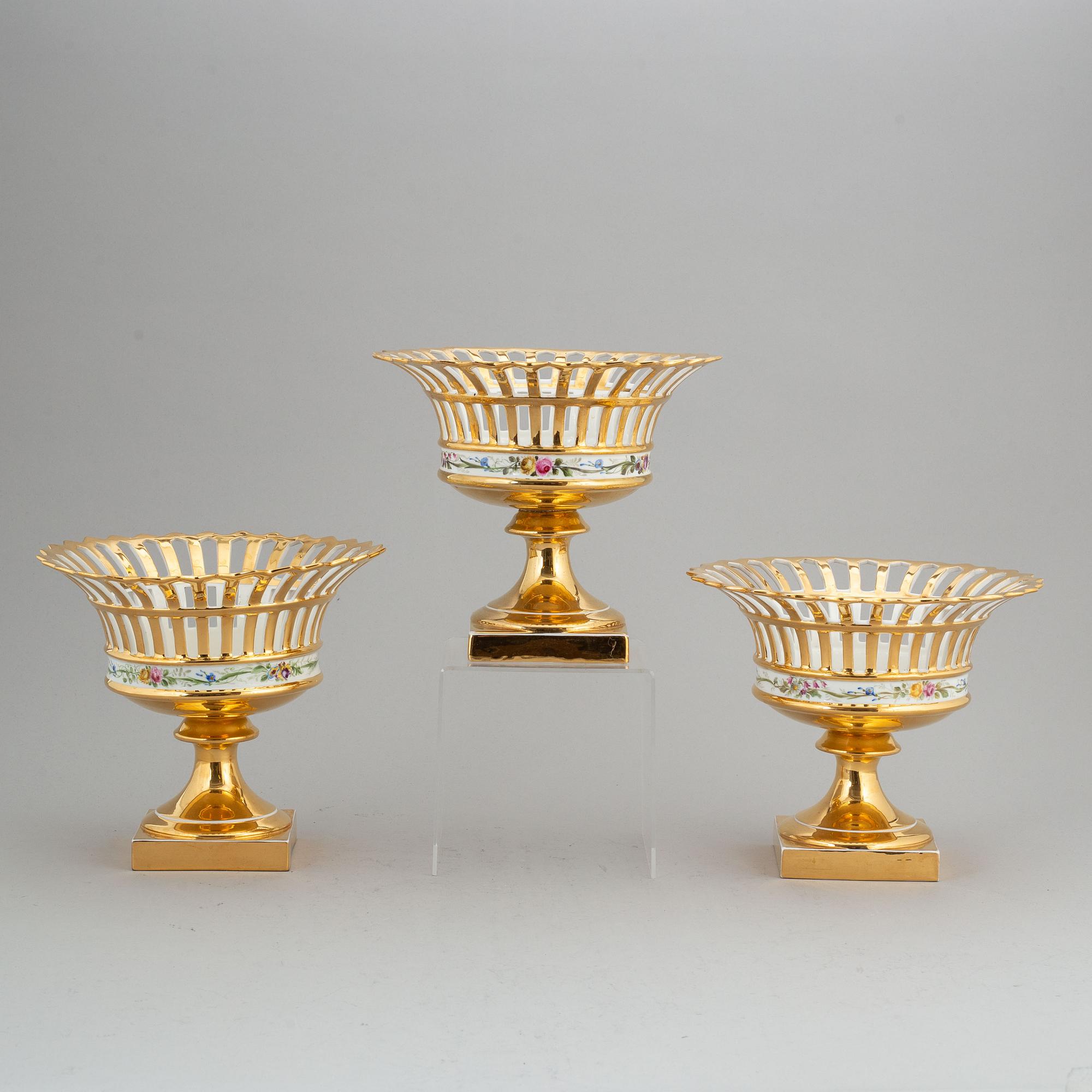 Three Rörstrand porcelain footed chestnut baskets, circa 1900.