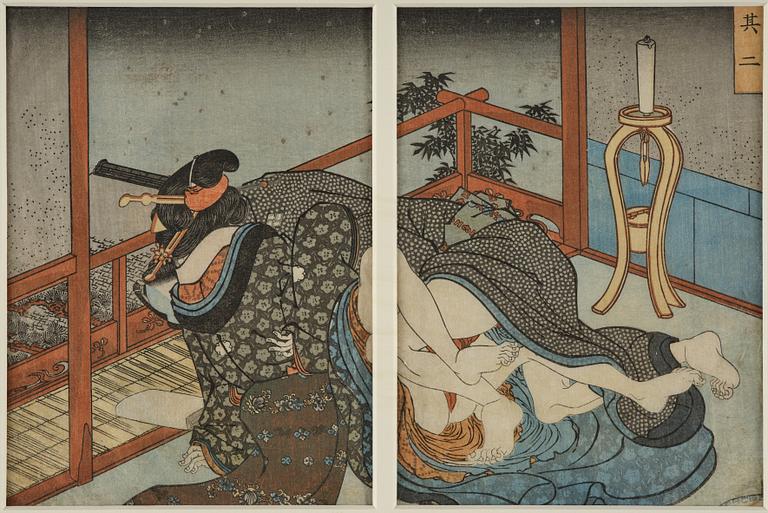 Oidentifierade konstnärer, färgträsnitt, shunga, albumblad, tre diptyker, Japan, 1800-tal.