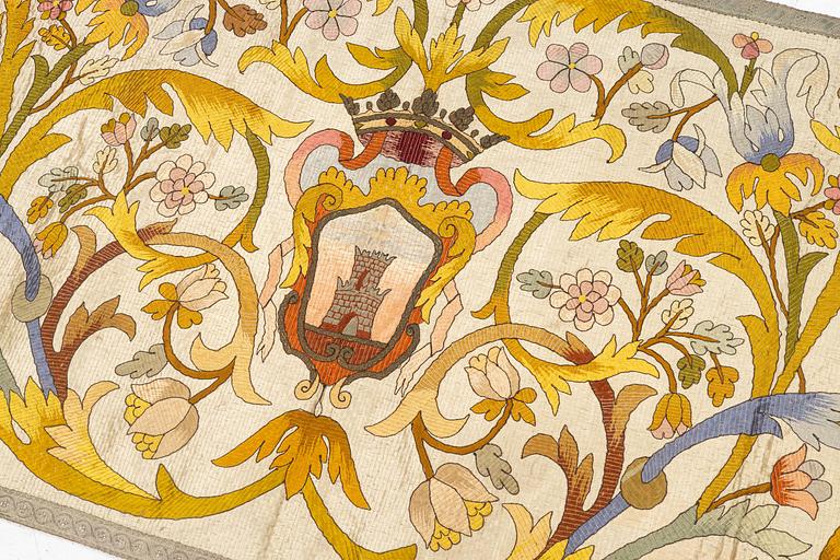 An antique silk embroidery, c. 187 x 88, around the year 1900.