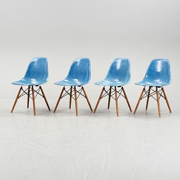 A set of four Charles and Ray Eames 'Plastic Chair DSW' with later stands, designed 1950.