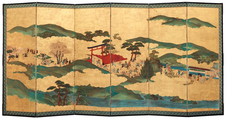 A Japanese six fold screen, Meiji period (1868-1912).