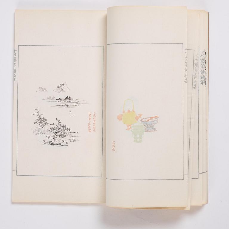 A book, four volumes, numerously illustrated with woodcuts in colours, "Shi zhu zhai jian pu" by Hu Zhengyan.