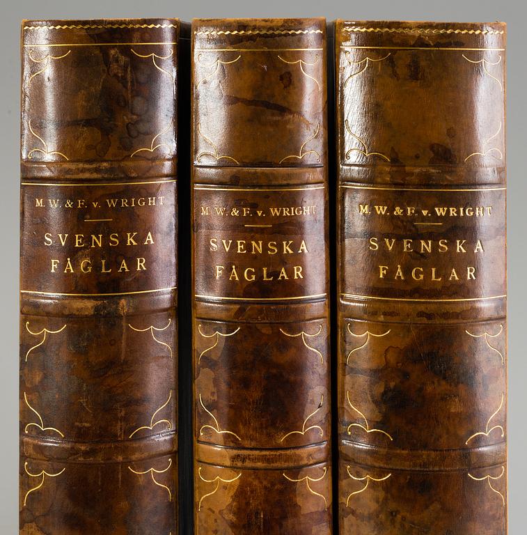 M, W & F VON WRIGHT, boks, 3 volumes, "Svenska fåglar", A. Börtzells tryckeri AB Stockholm, 1927-1929.