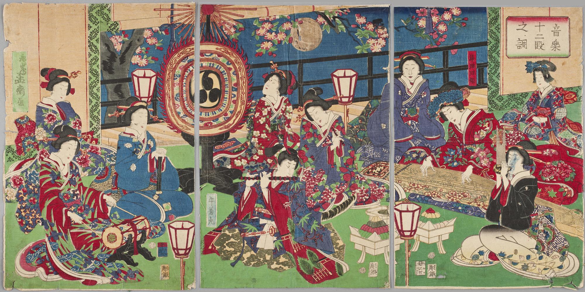 TRÄSNITT, 5 delar varav en triptyk, bland annat Toyokuni III Japan, 1800/1900-tal.
