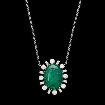 144. PENDANT, large cabochon cut emerald with baguette- and brilliant cut diamonds, tot. app. 3.20 cts.
