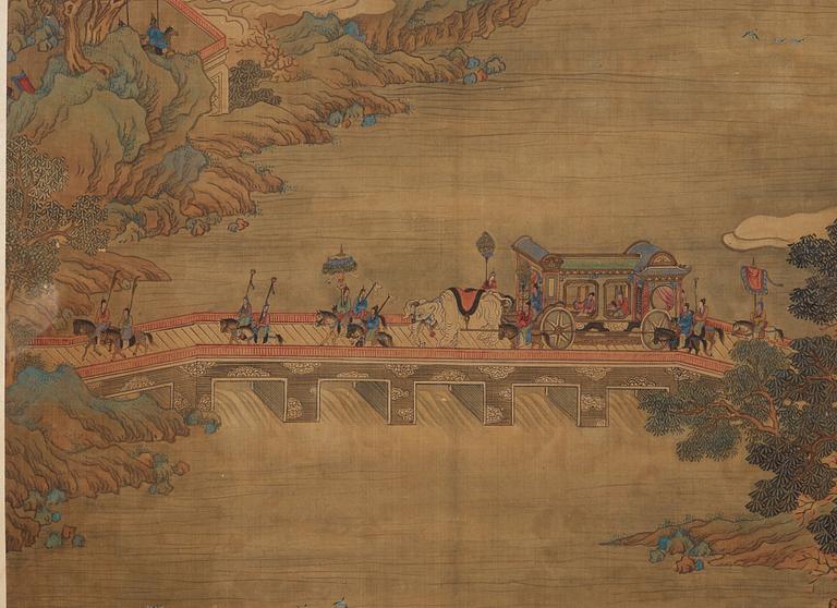 RULLMÅLNING,  flodlandskap i Qiu Yings (1494-1551) stil, sen Qingdynasti (1644-1912).