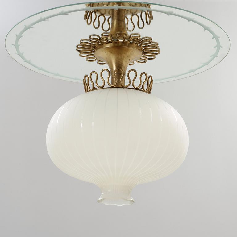 A Swedish Modern brass and blasted glass hanging light, 1940's.