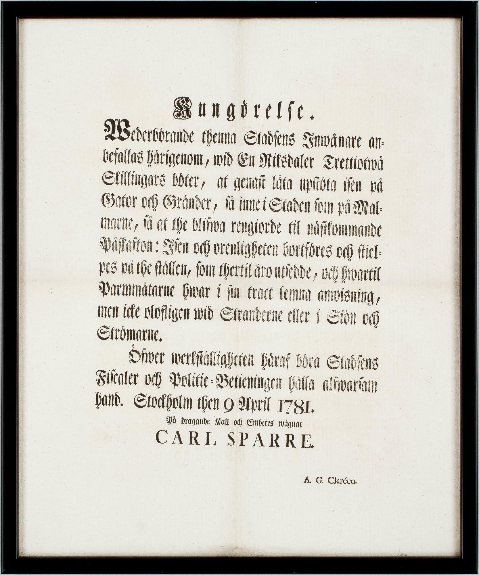 KUNGÖRELSE, Stockholm 9 april 1781.