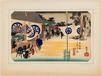 Three UTAGAWA HIROSHIGE (1797-1858) color woodblock prints. Japan, from 53 stations of the Tokaido, 19th century.