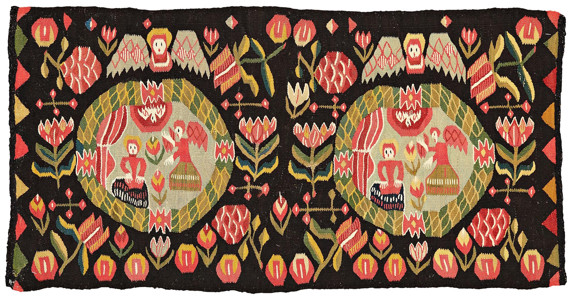ÅKDYNA, flamskväv, "Bebådelsen", ca 47,5-49,5 x 96,5-97,5 cm, Skåne 1800-talets förra hälft.