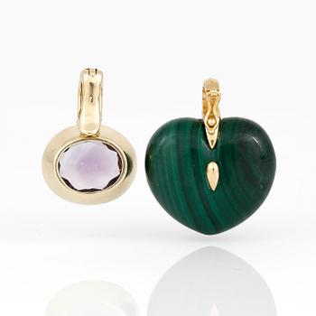 HÄNGEN, 2 st, med fasetterad ametist, ca 3,82 ct och hjärtformad malakit med små diamanter.