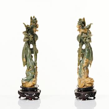 Skulpturer, 1 par, nefrit, Kina, 1900-tal.