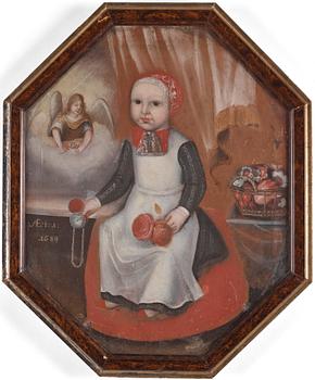 827. Okänd konstnär, 1600-tal, Minnesporträtt av en flicka vid 1 års ålder hållandes rosor och fickur.