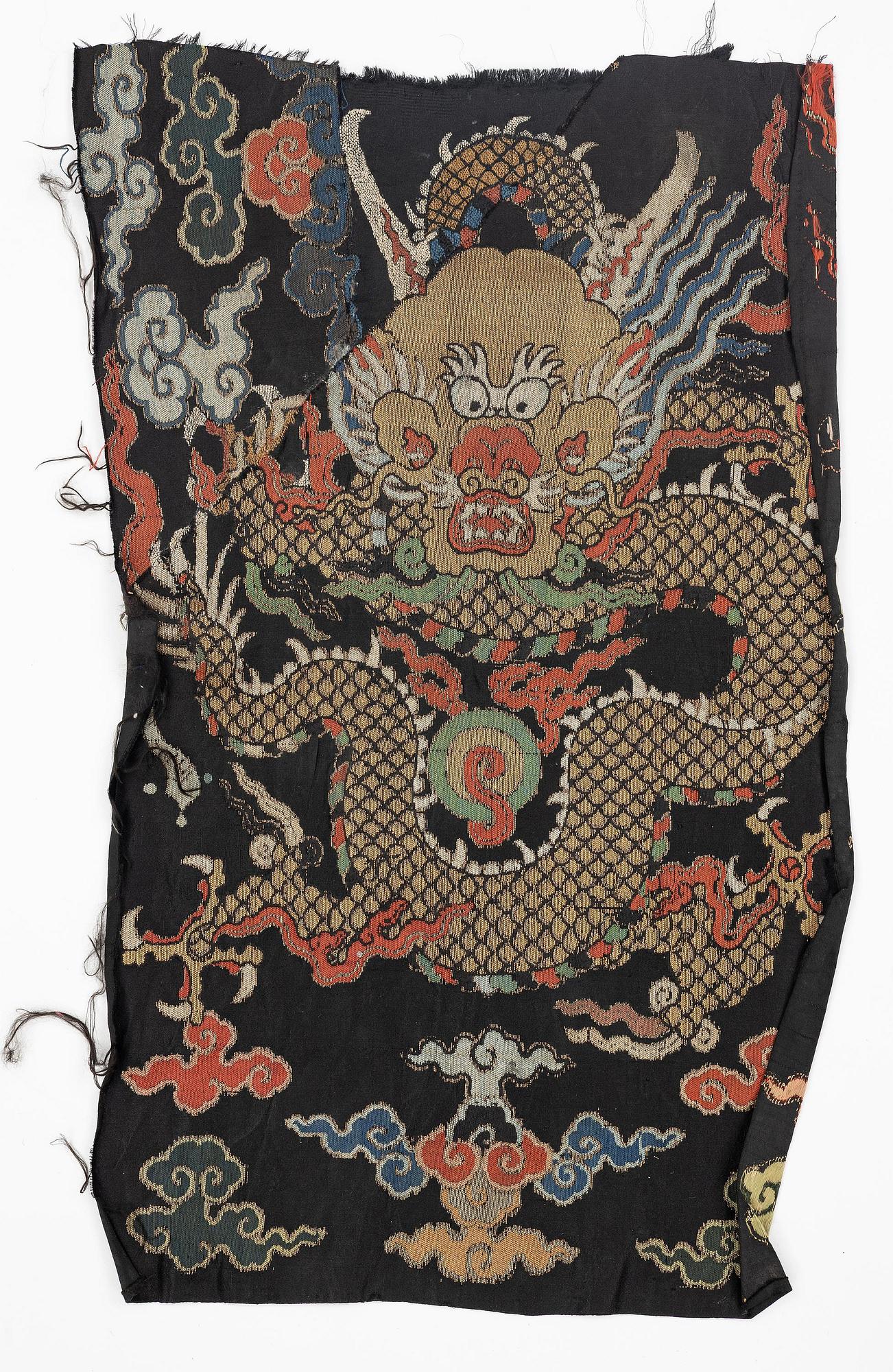 Two silk brocade 'dragon' fragments, late Ming dynasty/early Qing dynasty.