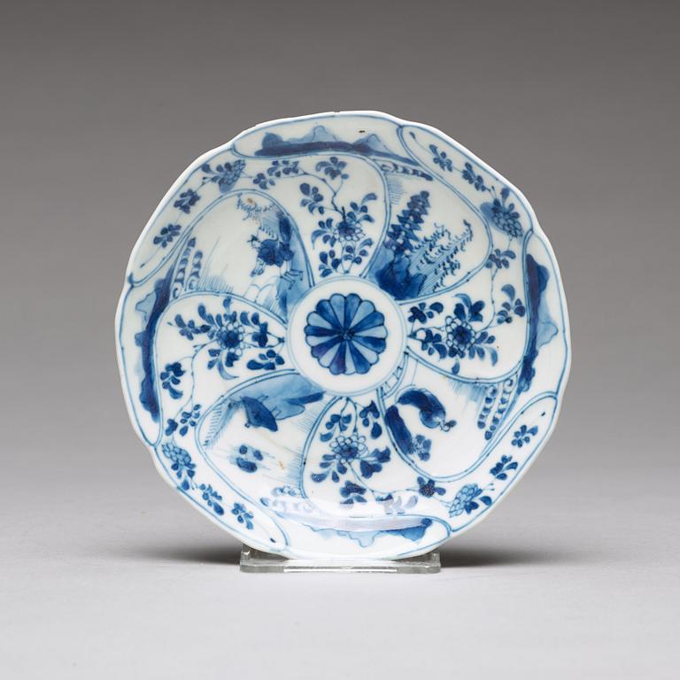 A set of three blue and white cups with stands, Qing dynasty, Kangxi (1662-1722).