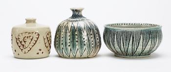 An Anders Bruno Liljefors set of two stoneware vases and a bowl, Gustavsberg studio 1952.